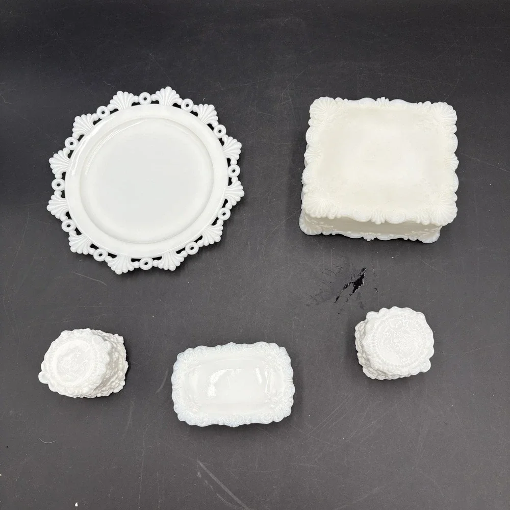 Lot Of 4 Antique Jenny Lind Fostoria Vanity Pieces Milk Glass & Dish